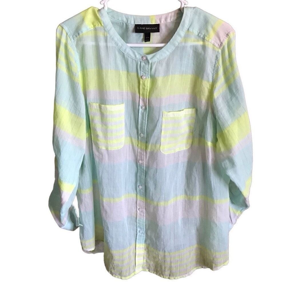 Lane Bryant Size 14/16 green white blouse lightweight semi sheer long sl